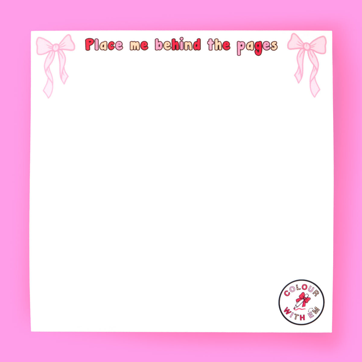 Colour With Em bleed protection sheet designed to prevent ink bleed-through in colouring books, featuring a pink border, bow illustrations, and branded text.